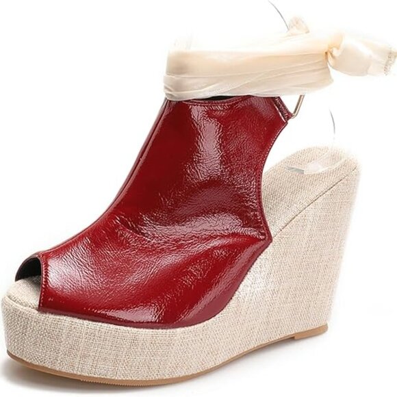 Shoes - Women's Round Peep Toe Platform Wedge Sandals Espadrille, RED, Size 6.5